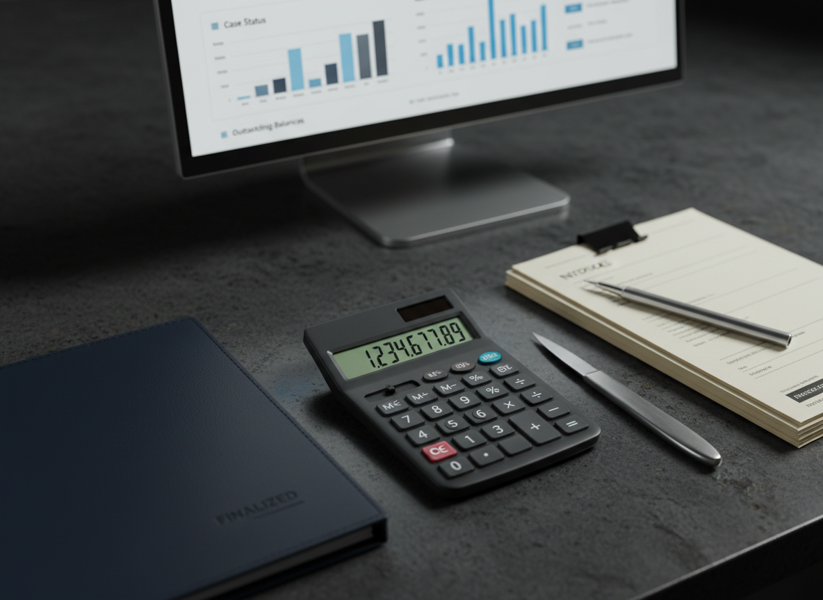 A high-resolution close-up of a dark granite desktop featuring a tidy arrangement of financial tools: a matte-black calculator with softly illuminated digital display showing a balanced figure, a weighted silver letter opener resting on a stack of neatly clipped invoices, and a thick, navy contract folder stamped “Finalized” in subtle debossed lettering. A large, frameless monitor in the background displays an abstracted legal dashboard with charts and case statuses, intentionally blurred. Cool, directional light from the upper left creates crisp yet understated shadows and highlights the textures of paper, metal, and stone. Photographic realism with a slightly elevated angle emphasizes precision, control, and calm, ideal for illustrating the analytical side of debt collections.