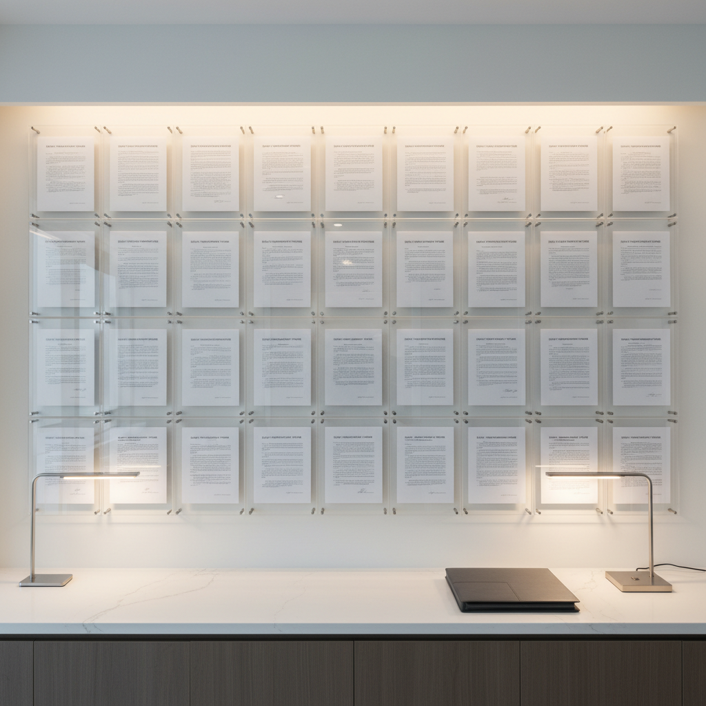 An immaculate, backlit wall display of neatly arranged financial documents and legal forms, each secured inside clear acrylic frames with crisp borders, aligned in a precise grid. Headlines like “Payment Agreement,” “Settlement Terms,” and “Case Status” are legible but secondary to the overall sense of order. Below, a minimalist white counter holds a closed charcoal-gray portfolio and a slim metallic desk lamp. Soft, even overhead lighting combines with subtle accent lighting from below the frames, creating a clean, modern glow. Captured straight-on with sharp focus across the entire frame and photographic realism, the image feels structured, transparent, and authoritative, reflecting the meticulous nature of professional debt collection services.
