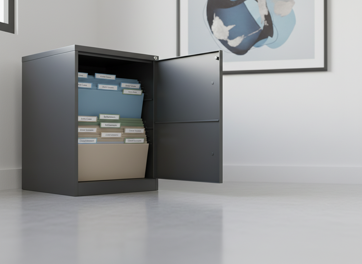 A secure, fireproof filing cabinet in matte charcoal steel stands partially open in a minimalist office corner, revealing perfectly aligned, color-coded hanging files labeled “Active Cases,” “Settlements,” and “Closed Accounts.” Each tab is printed in clean sans-serif type. The cabinet sits on smooth, light-gray flooring, adjacent to a white wall accented by a single, framed abstract print in muted blues and grays. Soft, indirect natural light from an unseen window washes across the surfaces, creating gentle gradients on the metal and subtle reflections on the floor. Photographic realism at a slightly low angle with moderate depth of field captures a calm, orderly, and secure atmosphere, symbolizing structured, lawyer-assisted debt collection management.
