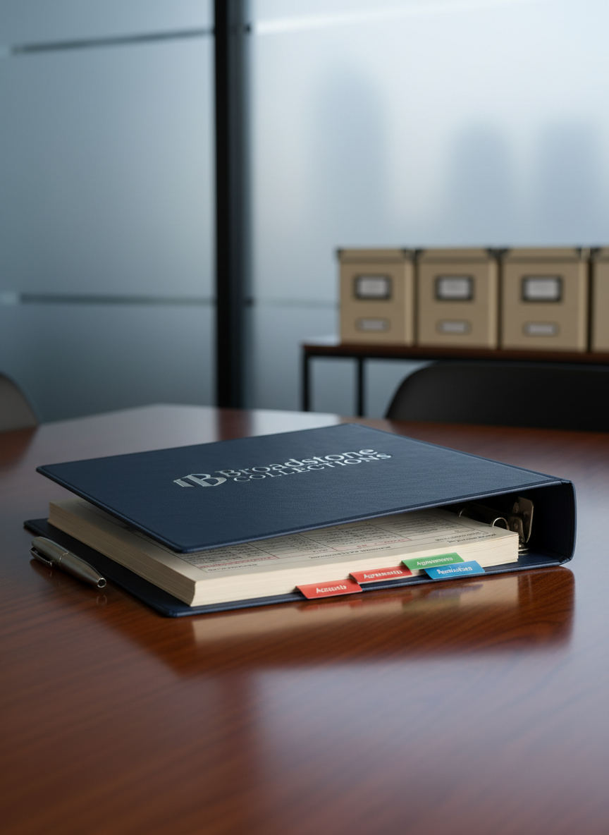 A sleek navy-blue legal binder embossed with a subtle silver Broadstone Collections logo lies open on a polished dark-wood conference table, pages neatly organized with color-coded tabs labeled “Accounts,” “Agreements,” and “Resolutions.” A brushed-steel pen rests precisely along the margin of a printed payment plan. In the background, out of focus, sit orderly stacks of labeled file boxes and a frosted-glass wall with a faint city skyline beyond. Cool, diffused daylight filters through, creating soft reflections on the table’s surface and gentle, elongated shadows. Photographic realism at eye-level, with a shallow depth of field, conveys a professional, organized, and trustworthy atmosphere suitable for a lawyer-assisted debt collections firm’s homepage hero image.