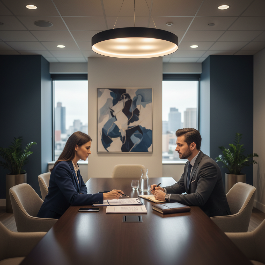 Professional one-on-one legal and financial consultation at a conference table, modern navy and neutral office, sophisticated and calm atmosphere, photographic realism