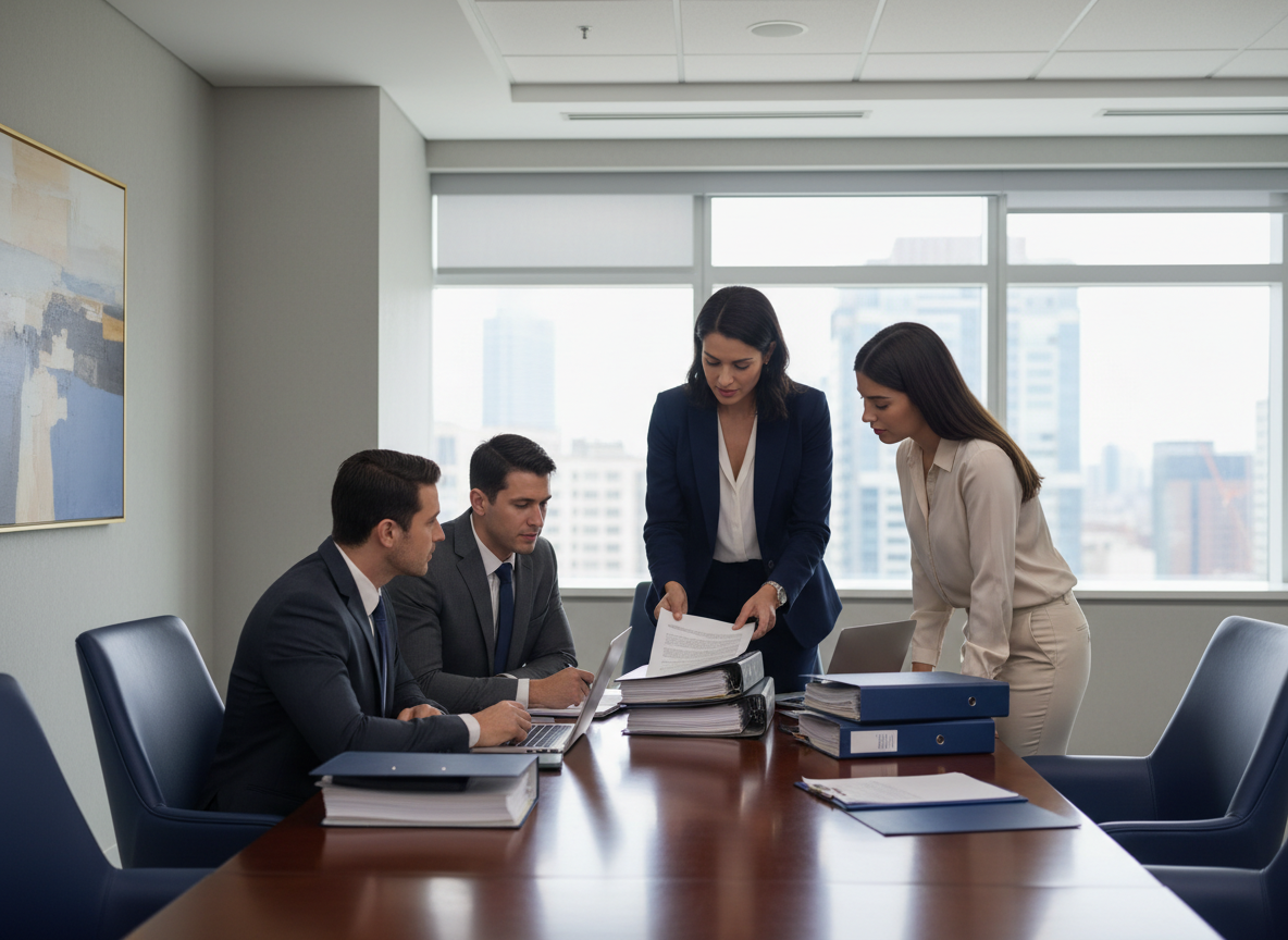 Attorney and legal team reviewing documents together at a polished conference table, modern corporate office, navy and neutral palette, trustworthy and businesslike, photographic realism