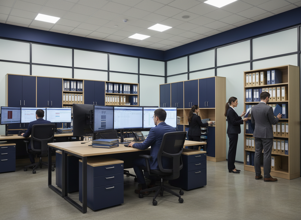 Secure records and collections team working with organized files and computer systems in a modern legal and financial operations center, navy and neutral tones, polished and trustworthy, photographic realism