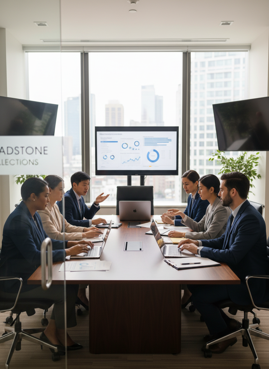 Professional, diverse legal team in a modern, glass-walled conference room at Broadstone Collections. People in business attire sit around a dark wood table reviewing financial documents and collection strategies on laptops and tablets. Warm, neutral color palette with navy and charcoal accents, calm and orderly atmosphere, soft natural light, photographic realism, vertical framing that can crop to 3:4.