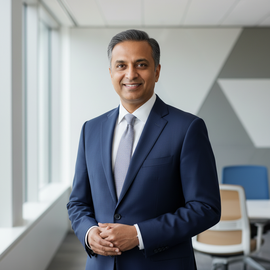 Clean, professional portrait of a diverse male CEO in business attire, standing in a modern office with neutral background, soft natural lighting, confident but approachable expression, photographic realism, vertical 3:4 crop, to pair with the name 'Aarav Sharma'.