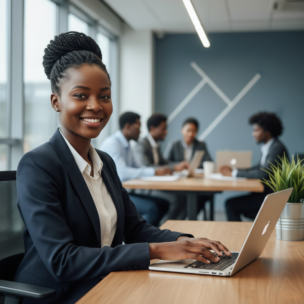 Clean, professional portrait of a Black female software developer in modern business attire, working at a laptop in a contemporary office with soft daylight and blurred colleagues in the background, photographic realism, square crop, to pair with the name 'Zuri Ndlovu'.