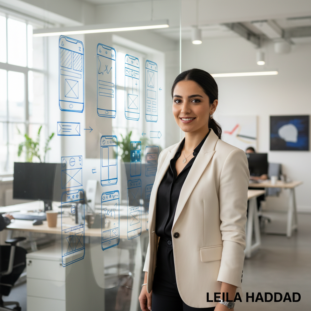 Clean, professional portrait of a Middle Eastern female designer in smart business attire, standing near a whiteboard with wireframes in a bright, modern creative office, neutral tones, good lighting, photographic realism, square crop, to pair with the name 'Leila Haddad'.