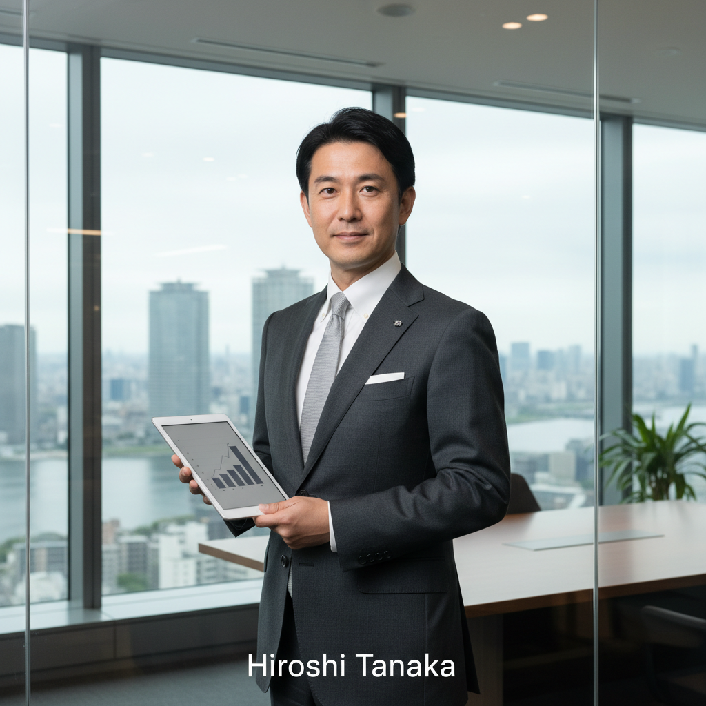 Clean, professional portrait of an East Asian male marketing leader in business attire, standing in a glass-walled office with city views, holding a tablet, neutral color palette, good lighting, photographic realism, square crop, to pair with the name 'Hiroshi Tanaka'.