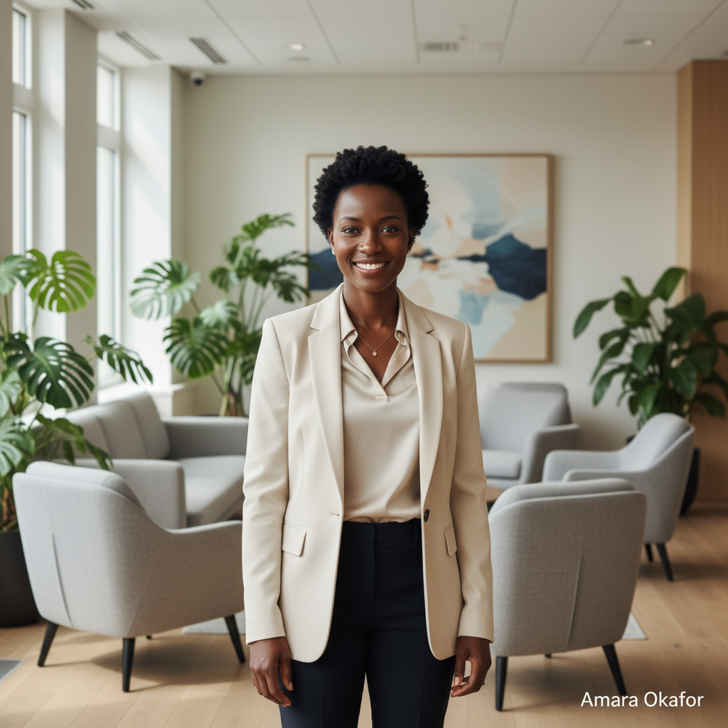 Clean, professional portrait of a Black female social impact professional in modern business attire, smiling and standing in a bright office lounge with soft seating and plants, neutral tones, good lighting, photographic realism, square crop, to pair with the name 'Amara Okafor'.
