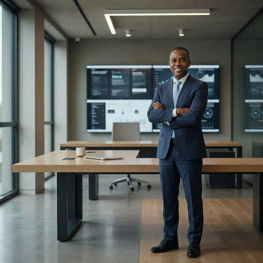 Businessman in navy suit standing with arms crossed in modern office with digital screens